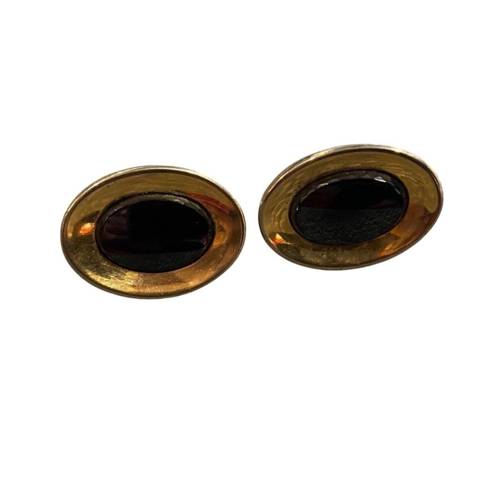 Vtg Oval Gold-Tone & Black Enamel Cufflinks For Men, Simple Elegance 3/4”L,1/2”W